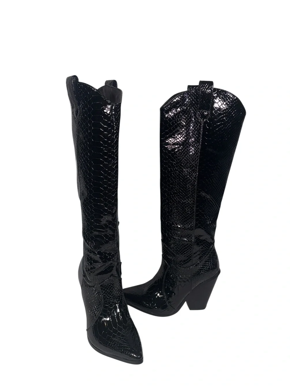 Black Glossy Snake-Embossed Knee-High Western Boots